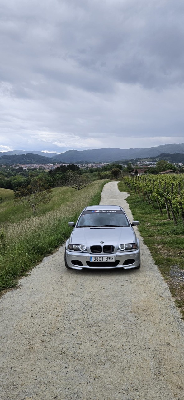 BMW plateado en un camino rural